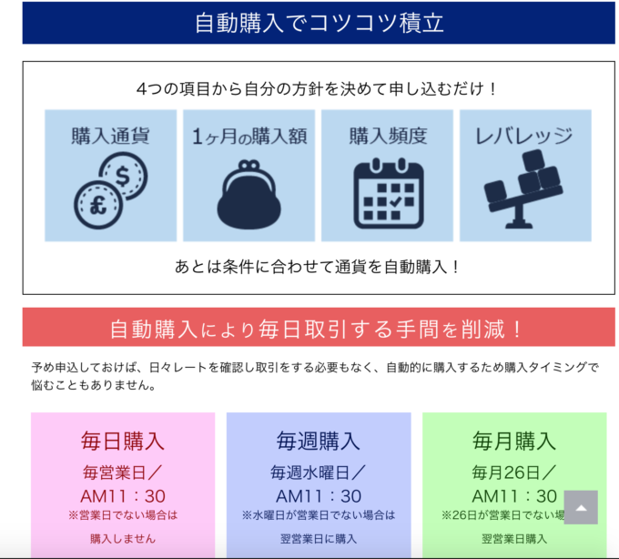 "自動購入で選択した通貨を、選択した金額だけ、定期的に、選択したレバレッジで購入</strong